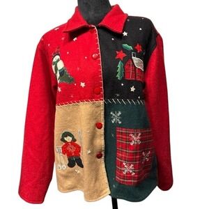 Quilted Red Green Patchwork Ugly Christmas Snowman Fair‎ Isle Plaid Cardigan M
